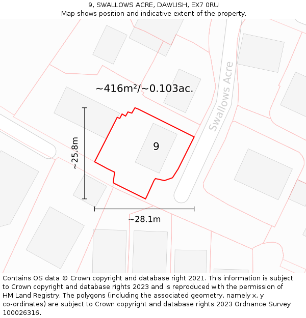 9, SWALLOWS ACRE, DAWLISH, EX7 0RU: Plot and title map