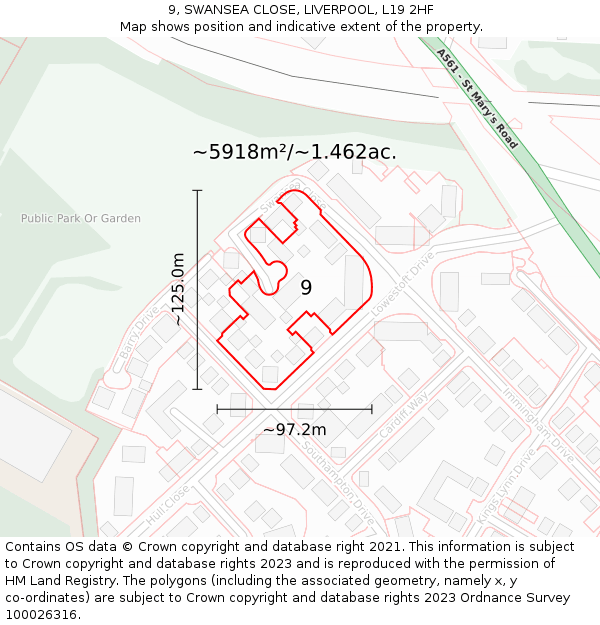 9, SWANSEA CLOSE, LIVERPOOL, L19 2HF: Plot and title map