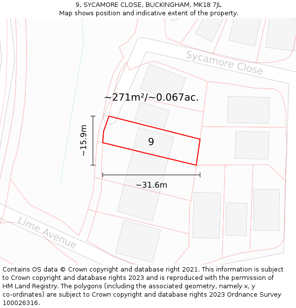 9, SYCAMORE CLOSE, BUCKINGHAM, MK18 7JL: Plot and title map