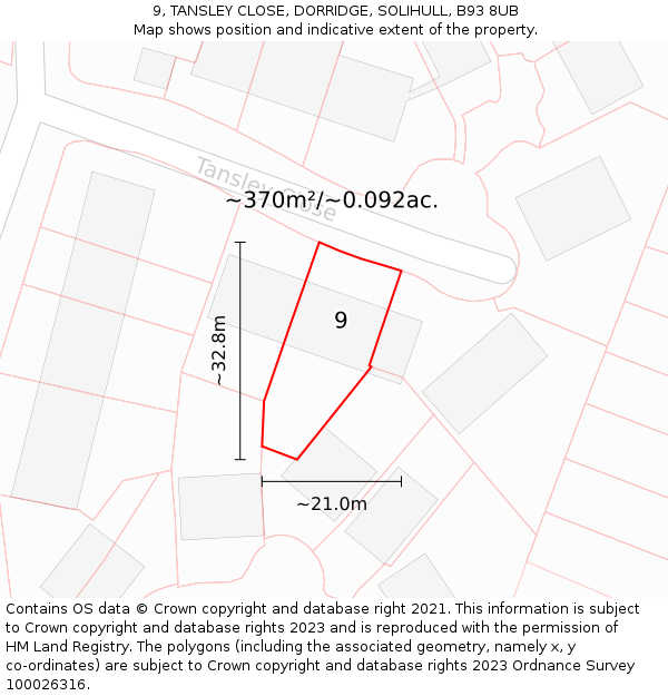 9, TANSLEY CLOSE, DORRIDGE, SOLIHULL, B93 8UB: Plot and title map