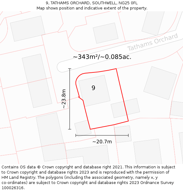 9, TATHAMS ORCHARD, SOUTHWELL, NG25 0FL: Plot and title map