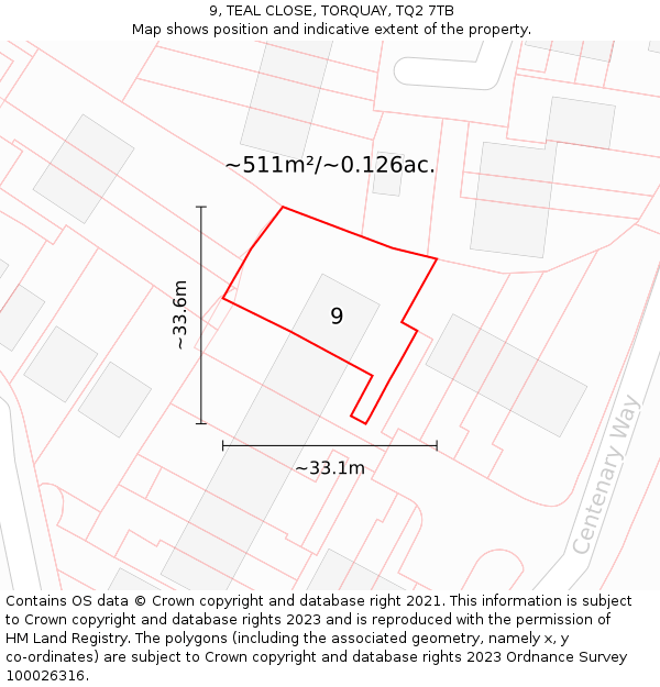 9, TEAL CLOSE, TORQUAY, TQ2 7TB: Plot and title map