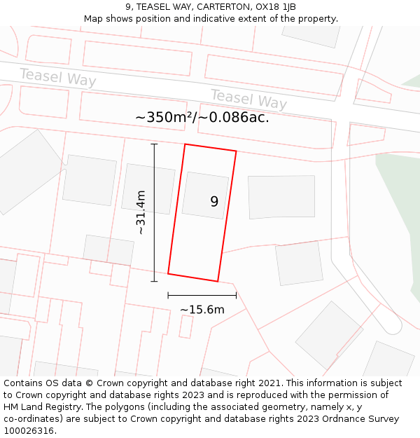 9, TEASEL WAY, CARTERTON, OX18 1JB: Plot and title map