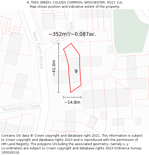 9, TEES GREEN, COLDEN COMMON, WINCHESTER, SO21 1UL: Plot and title map