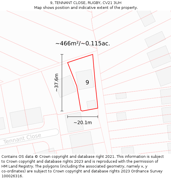 9, TENNANT CLOSE, RUGBY, CV21 3UH: Plot and title map