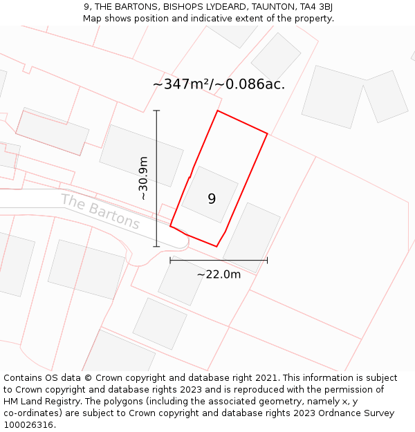 9, THE BARTONS, BISHOPS LYDEARD, TAUNTON, TA4 3BJ: Plot and title map