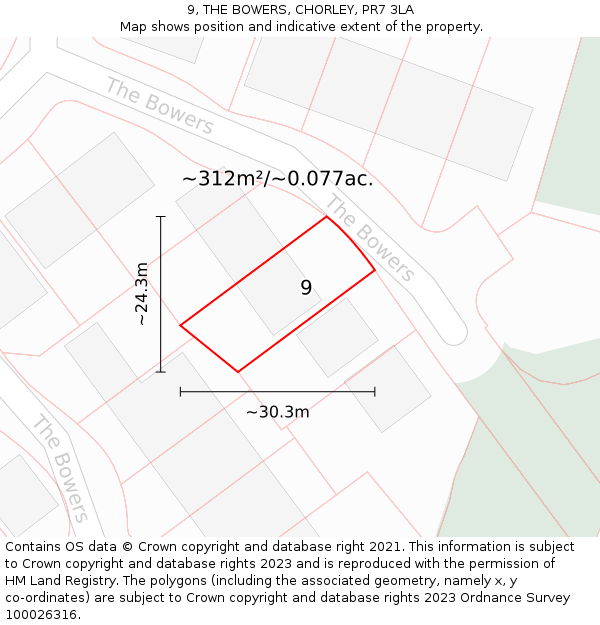 9, THE BOWERS, CHORLEY, PR7 3LA: Plot and title map