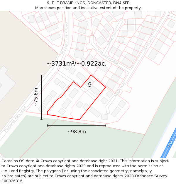 9, THE BRAMBLINGS, DONCASTER, DN4 6FB: Plot and title map