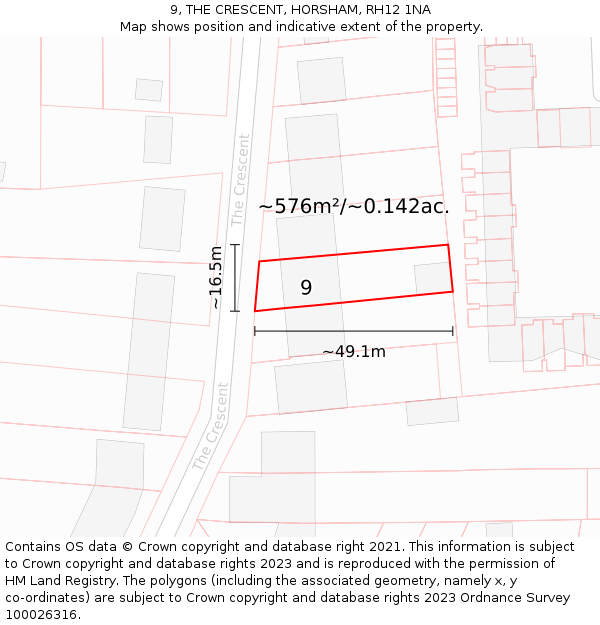 9, THE CRESCENT, HORSHAM, RH12 1NA: Plot and title map