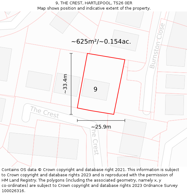 9, THE CREST, HARTLEPOOL, TS26 0ER: Plot and title map