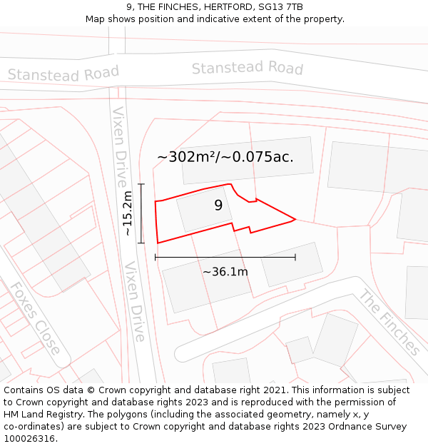 9, THE FINCHES, HERTFORD, SG13 7TB: Plot and title map