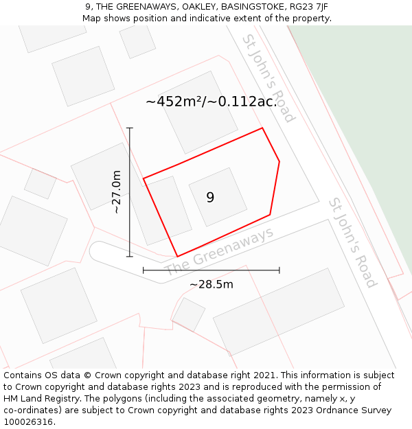 9, THE GREENAWAYS, OAKLEY, BASINGSTOKE, RG23 7JF: Plot and title map