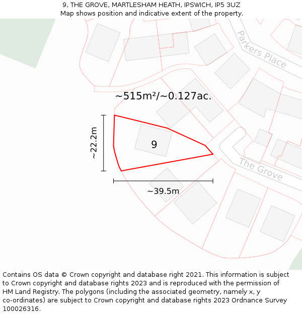 9, THE GROVE, MARTLESHAM HEATH, IPSWICH, IP5 3UZ: Plot and title map