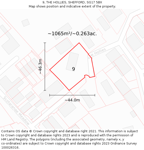 9, THE HOLLIES, SHEFFORD, SG17 5BX: Plot and title map