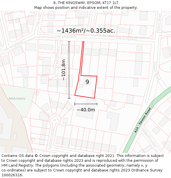 9, THE KINGSWAY, EPSOM, KT17 1LT: Plot and title map