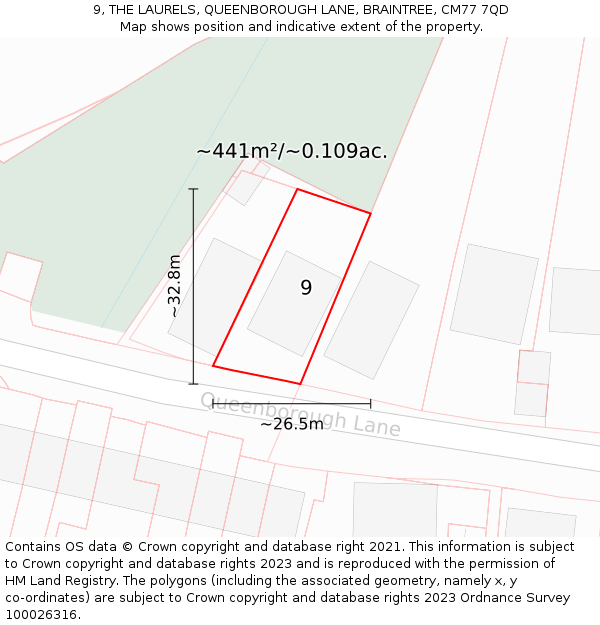 9, THE LAURELS, QUEENBOROUGH LANE, BRAINTREE, CM77 7QD: Plot and title map