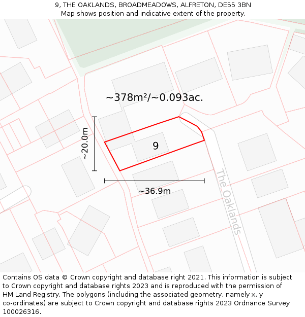 9, THE OAKLANDS, BROADMEADOWS, ALFRETON, DE55 3BN: Plot and title map