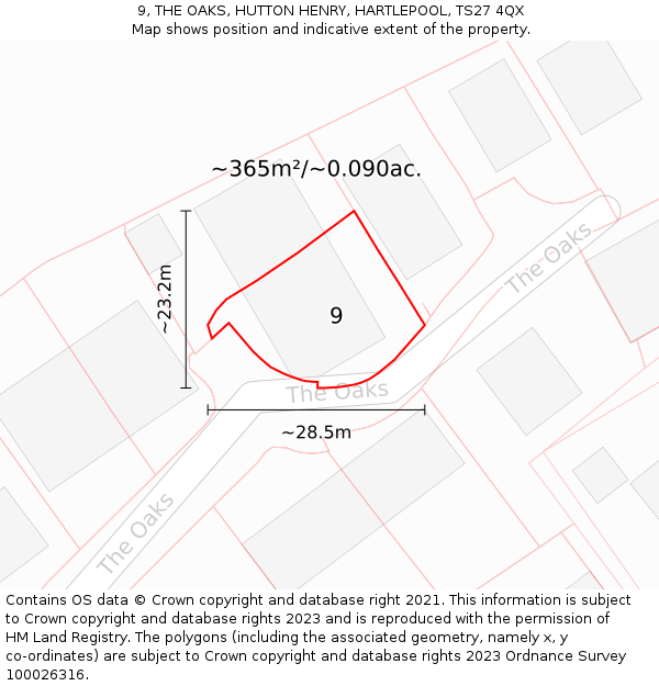 9, THE OAKS, HUTTON HENRY, HARTLEPOOL, TS27 4QX: Plot and title map