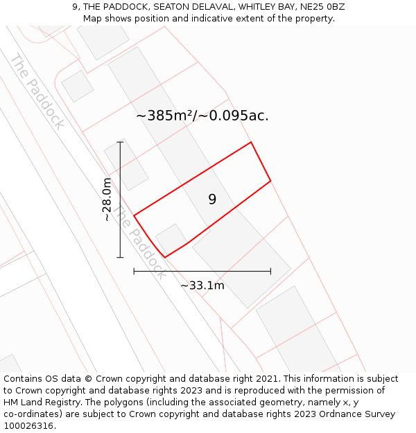 9, THE PADDOCK, SEATON DELAVAL, WHITLEY BAY, NE25 0BZ: Plot and title map