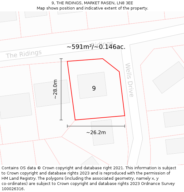 9, THE RIDINGS, MARKET RASEN, LN8 3EE: Plot and title map