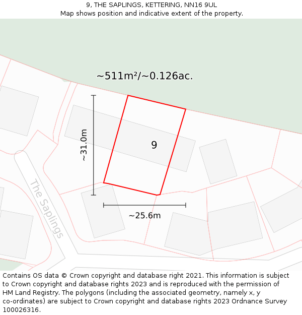 9, THE SAPLINGS, KETTERING, NN16 9UL: Plot and title map