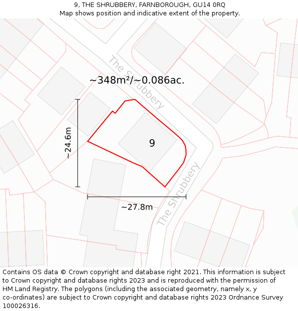 9, THE SHRUBBERY, FARNBOROUGH, GU14 0RQ: Plot and title map