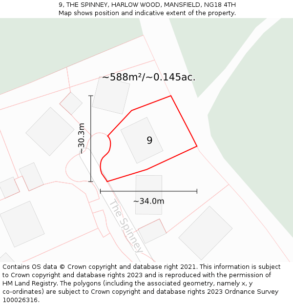 9, THE SPINNEY, HARLOW WOOD, MANSFIELD, NG18 4TH: Plot and title map