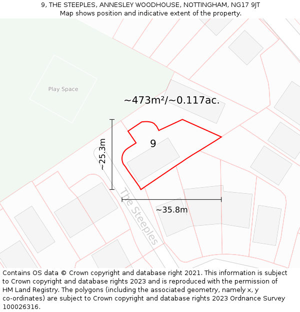 9, THE STEEPLES, ANNESLEY WOODHOUSE, NOTTINGHAM, NG17 9JT: Plot and title map