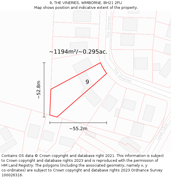 9, THE VINERIES, WIMBORNE, BH21 2PU: Plot and title map