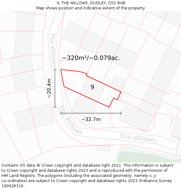 9, THE WILLOWS, DUDLEY, DY2 9HB: Plot and title map