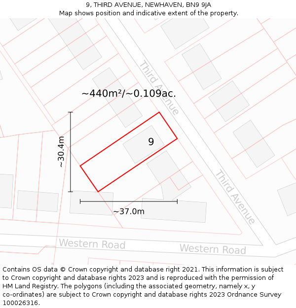 9, THIRD AVENUE, NEWHAVEN, BN9 9JA: Plot and title map