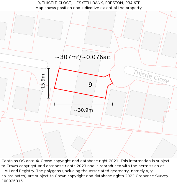 9, THISTLE CLOSE, HESKETH BANK, PRESTON, PR4 6TP: Plot and title map