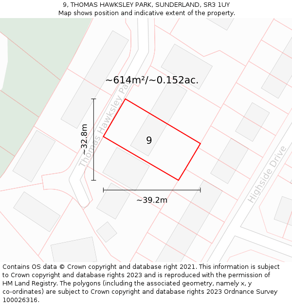 9, THOMAS HAWKSLEY PARK, SUNDERLAND, SR3 1UY: Plot and title map