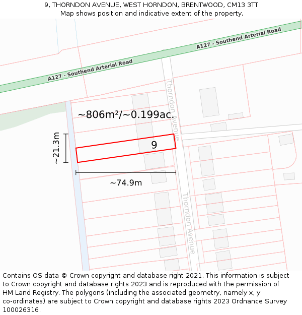 9, THORNDON AVENUE, WEST HORNDON, BRENTWOOD, CM13 3TT: Plot and title map