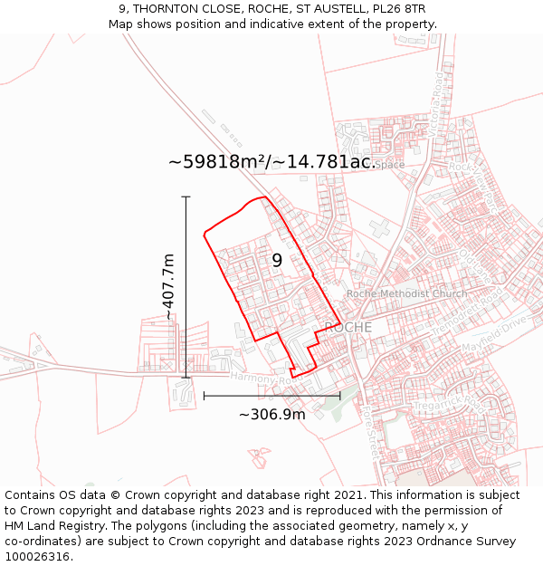 9, THORNTON CLOSE, ROCHE, ST AUSTELL, PL26 8TR: Plot and title map