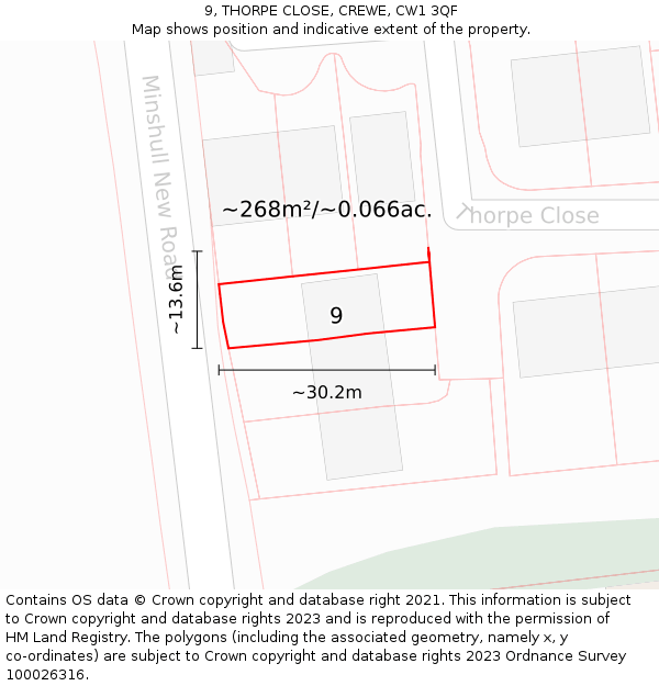 9, THORPE CLOSE, CREWE, CW1 3QF: Plot and title map