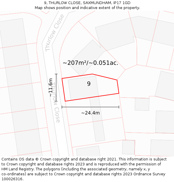 9, THURLOW CLOSE, SAXMUNDHAM, IP17 1GD: Plot and title map