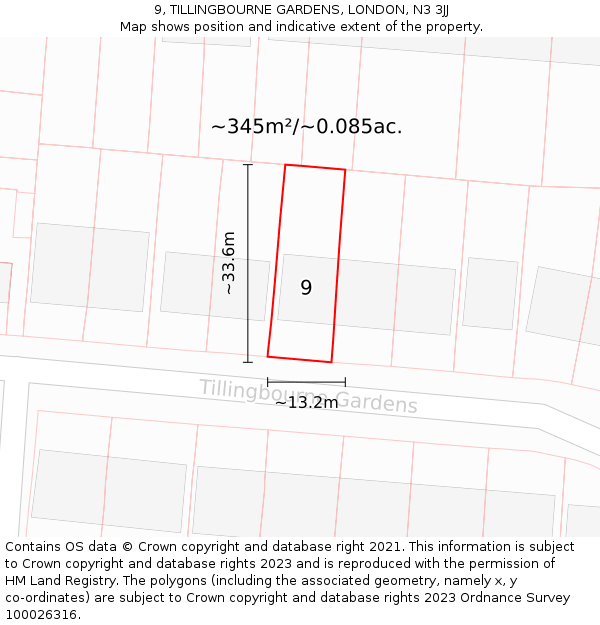 9, TILLINGBOURNE GARDENS, LONDON, N3 3JJ: Plot and title map