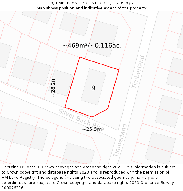 9, TIMBERLAND, SCUNTHORPE, DN16 3QA: Plot and title map