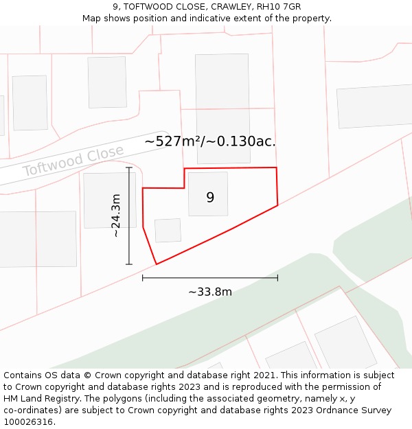 9, TOFTWOOD CLOSE, CRAWLEY, RH10 7GR: Plot and title map