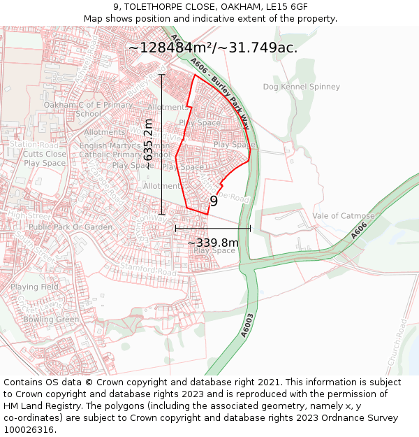 9, TOLETHORPE CLOSE, OAKHAM, LE15 6GF: Plot and title map