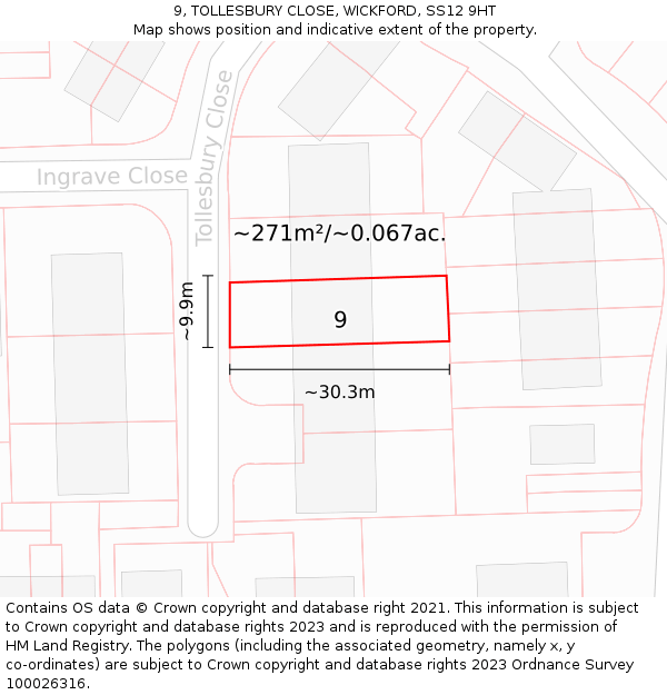 9, TOLLESBURY CLOSE, WICKFORD, SS12 9HT: Plot and title map