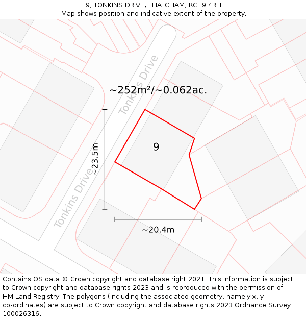 9, TONKINS DRIVE, THATCHAM, RG19 4RH: Plot and title map