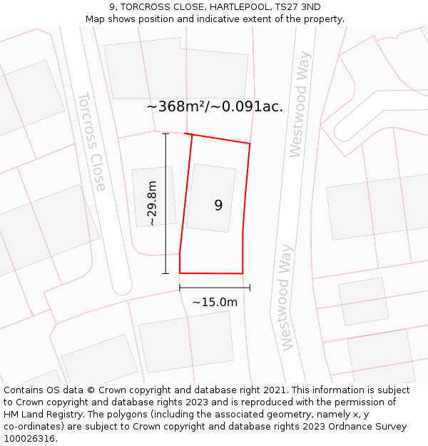 9, TORCROSS CLOSE, HARTLEPOOL, TS27 3ND: Plot and title map