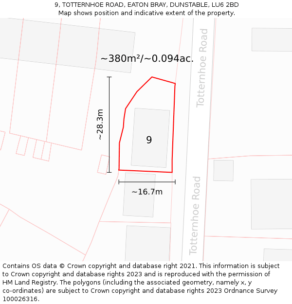 9, TOTTERNHOE ROAD, EATON BRAY, DUNSTABLE, LU6 2BD: Plot and title map