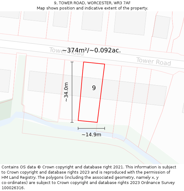 9, TOWER ROAD, WORCESTER, WR3 7AF: Plot and title map