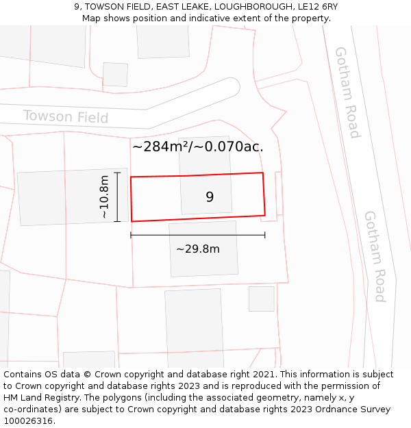 9, TOWSON FIELD, EAST LEAKE, LOUGHBOROUGH, LE12 6RY: Plot and title map