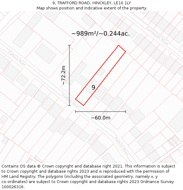 9, TRAFFORD ROAD, HINCKLEY, LE10 1LY: Plot and title map