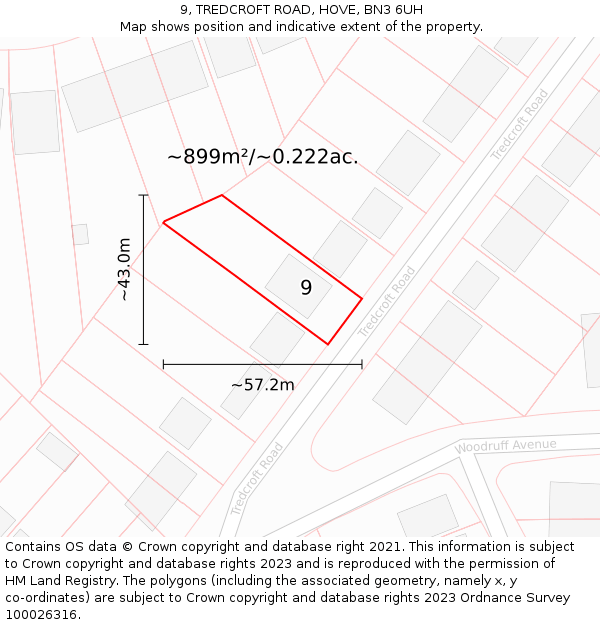 9, TREDCROFT ROAD, HOVE, BN3 6UH: Plot and title map