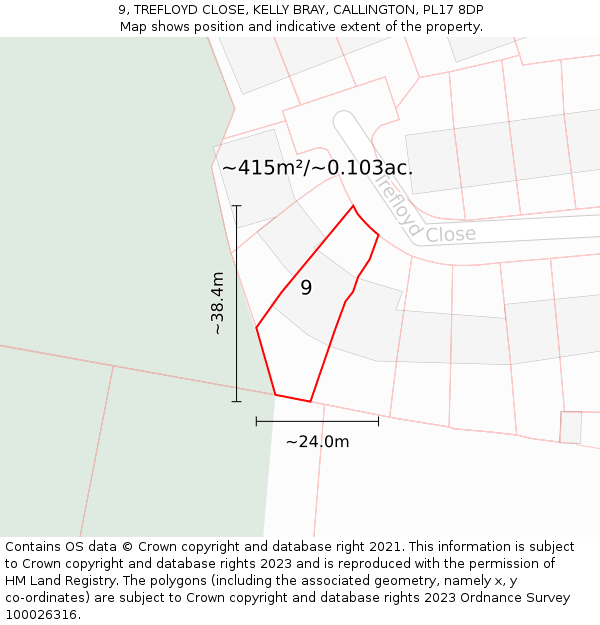 9, TREFLOYD CLOSE, KELLY BRAY, CALLINGTON, PL17 8DP: Plot and title map